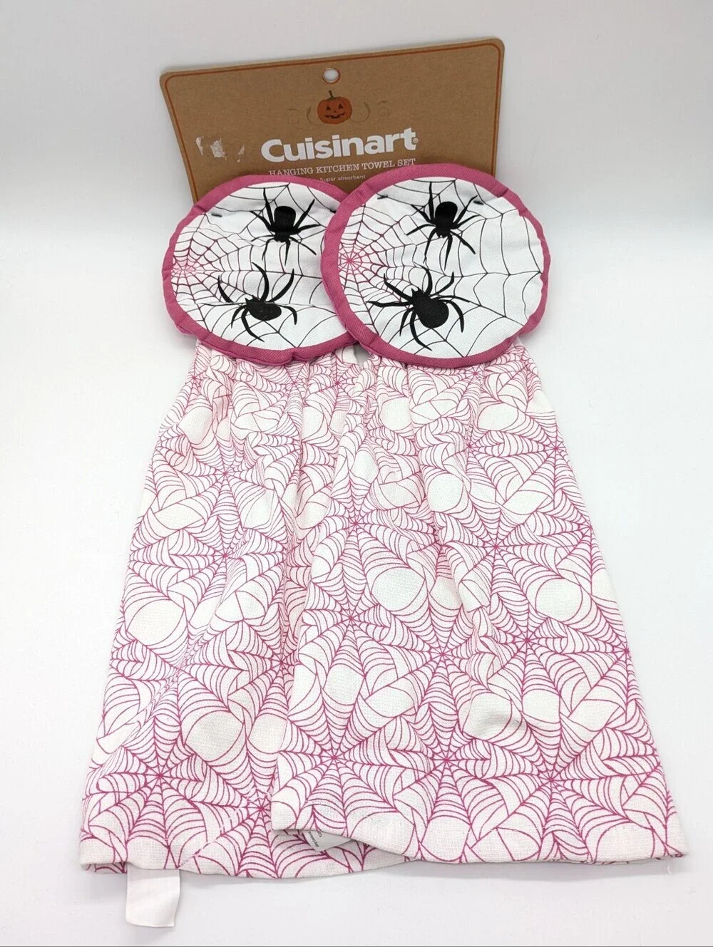 NWT Cuisinart White Purple Black Halloween Spider Hanging Kitchen Towel Set Of 2